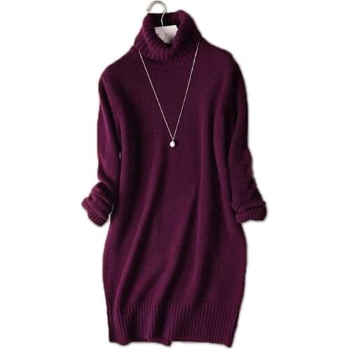 High grade pure goat cashmere turtleneck thick knit women fashion mid-long pullover dress sweater black 6color S-L