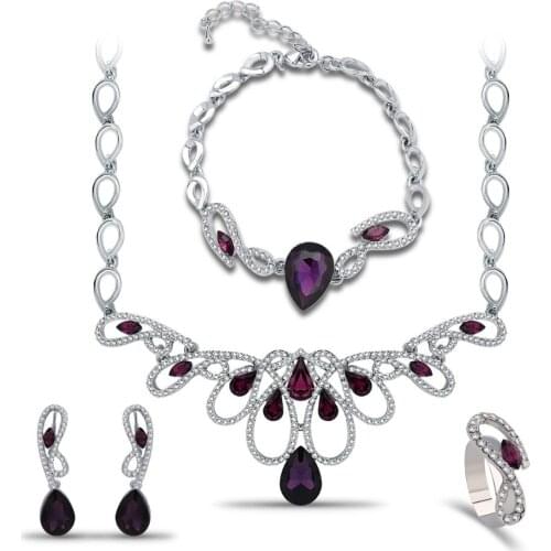 High Quality Water Drop Puple Stone Crown Shape Necklace Earring Bracelet Rings 4 Pcs Sets For Women Wedding Party Gift