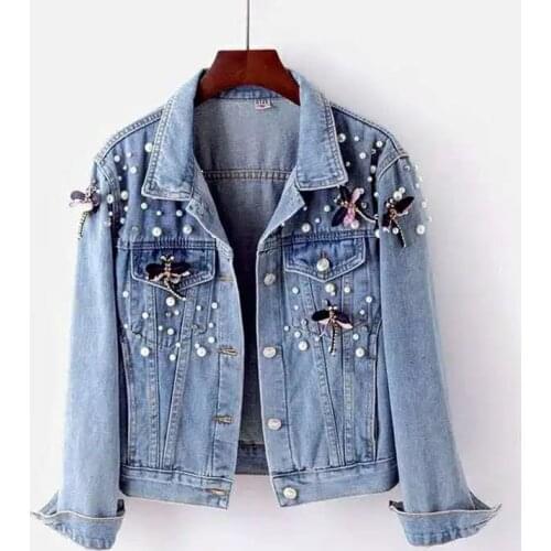 2021 New Autumn Denim Jacket Coat Women Beading Loose Jeans Jacket Basic Coats Streetwear Long Sleeve Casual Outerwear Overcoat
