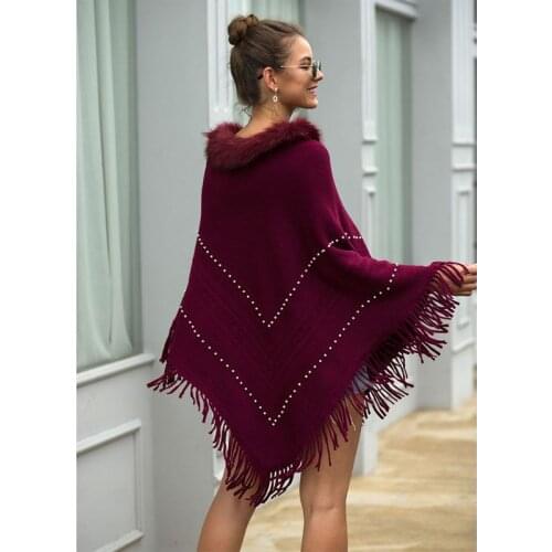 Womens Plush Collar Knitted Pullover Sweater Top Fringe Tassel Shawl Wrap Batwing Faux Pearl Beading Geometric Striped Poncho Ca