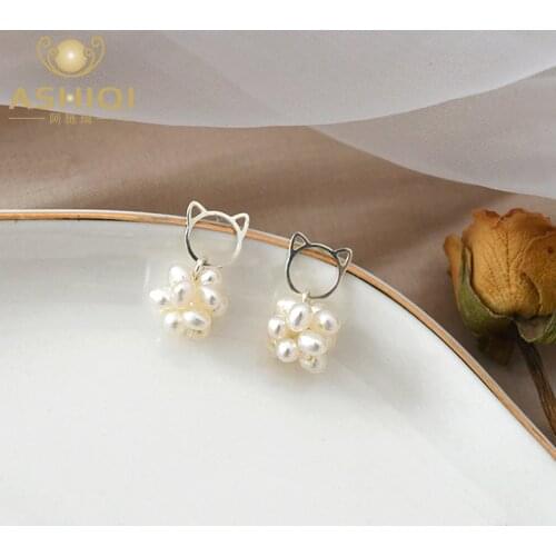 ASHQI Natural freshwater pearl 925 sterling silver cat earrings hand-knitted flower ball for girls gift