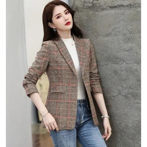 Womens Coats Spring Autumn 2021 New Fashion Retro Lattice Blazer Jacket Female Jacket Loose Casual Korean Ladies Suit Blazer
