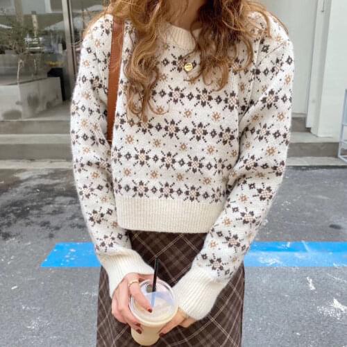 Flower Print Short Style Straight Shape Sweater Women Knitted Top Pullover Pull Femme Jersey Mujer Autumn Winter