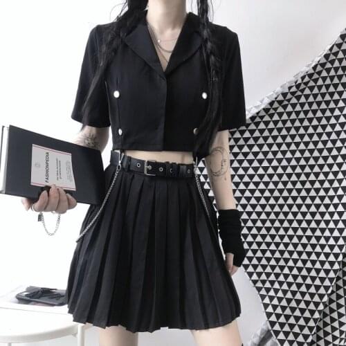Korean Summer Harajuku Suit Diablo Style Short Top High Waist Pleated Chain A-Line Skirt Vintage Loose Casual Two-piece Suit