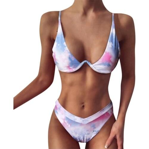 Women Tie Dye Bikini Set Padded Push Up Swimwear High Waist Thong Beach Swimsuit Two Piece Swimming Suits