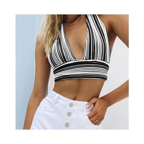 Womens Sexy Color Contrast Striped Woolen Deep V halter Strap Top Ladies Knitting Fashion Halter Head All-match Summer Top Crop