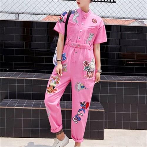 2021 summer new womens hip-hop style cartoon fun waist fashion sequins pink thin section personality denim jumpsuit