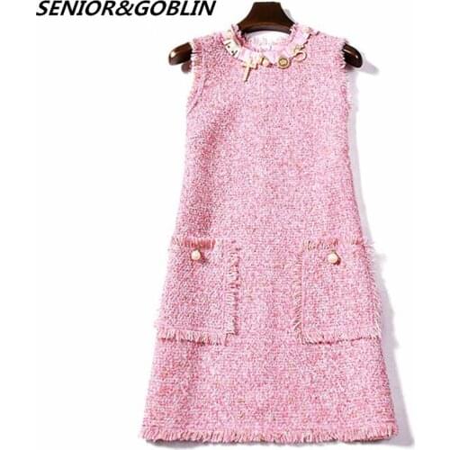 2018 Autumn Runway Designer Women Loose Beading Pearl Pocket Fringe Tassels Dress Winter Tweed Wool Pink Mini Tank Dress