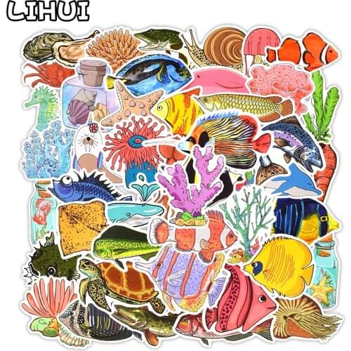50 PCS Ocean World Animals Sea Fishes Stickers Coral Turtle Dolphin Funny Stickers for Laptop Suitcase Freezer Bike Car Decals