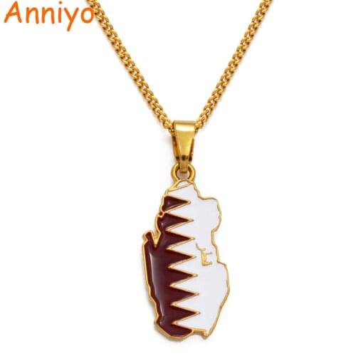 Anniyo Qatar Map and Flag Pendant Necklaces for Women Men Gold Color Qatari Jewelry Patriotic Gifts #122406