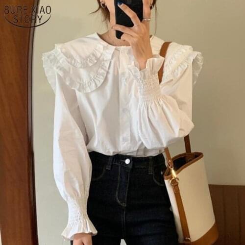 Long Sleeve White Shirt Women Peter Pan Collar Ruffles Vintage Shirts Casual Cotton Women Blouse New Fashion Blusa Chic 12392