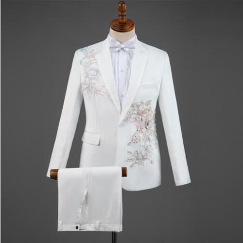 White blazer men suit set with pants mens suits Sequin sticky flower costume singer star style stage clothing formal dress