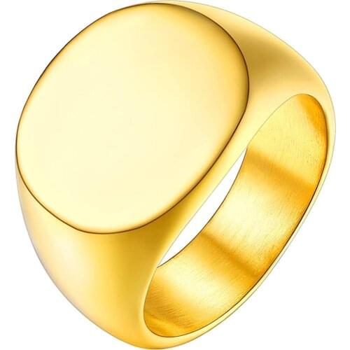 U7 Men Women Stainless Steel Gold Polished Round Signet Ring Punk Biker Ring Size 7 to 12, Custom Engravable R1022