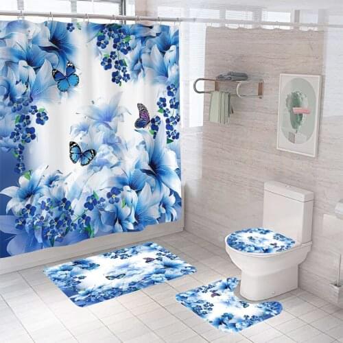 Beautiful Flower Blue ButterflyPattern Shower Curtain Waterproof Fabric Bathroom Curtains Set Pedestal Rug Lid Toilet Cover Mat