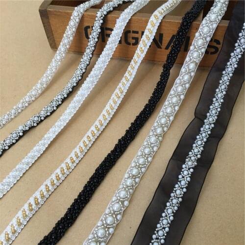 1 Yard Beaded Lace Ribbon Pearl Trims Fabric Clothes Collar Decoration Lace For Jewelry Headpiece DIY Dress Belt Sewing