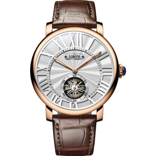 LOBINNI Mens 50M Waterproof Genuine Leather Strap Hollow Out Dial Automatic Mechanical Wrist Watch relogio masculino - Rosegold
