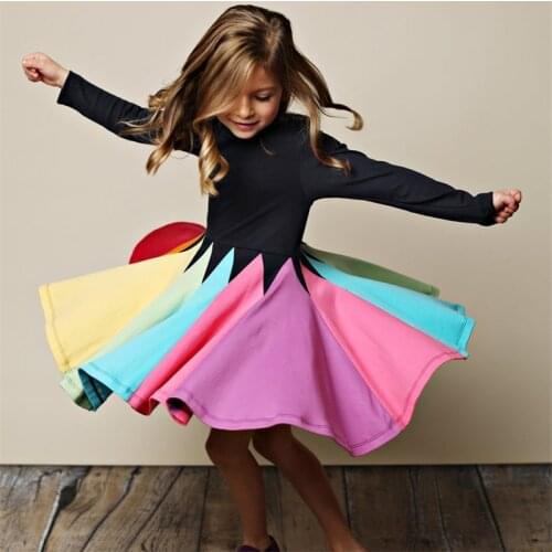 New Autumn Rainbow Dress Long Sleeved Pure Cotton Color Block Cute Girls Baby Party Dress Children Princess Girl Dress