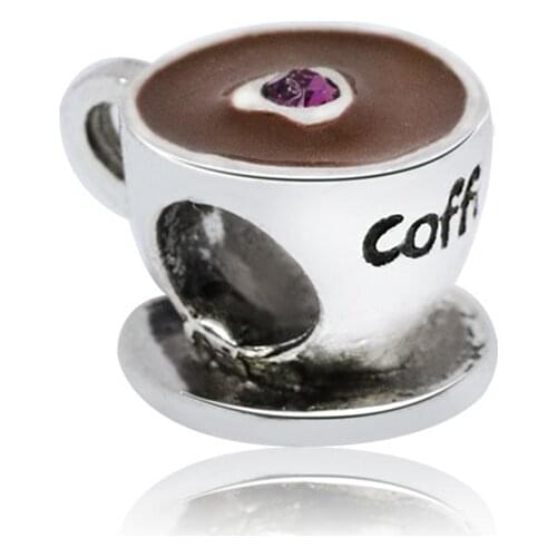 Fit Original Pandora Charms Bracelet Pink CZ Heart Mug Brown Glaze Coffee Cup Beads DIY Bijoux for Women Bangle Dangle Accessory