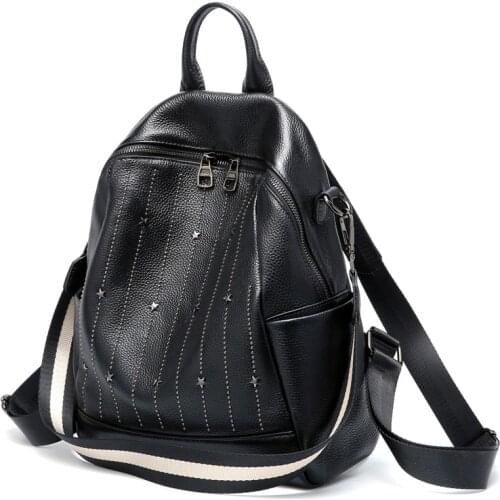 Ladies Backpack Real Leather Daily Casual Rucksack women Rivets Preppy Style School Bags Girls Black Shoulder Travel Beach Bag