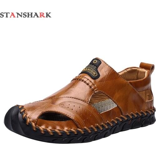 STAN SHARK Men Genuine Leather Sandal Shoes Outdoor Lightweight Flats Summer Shoes Comfort Beach Casual Men Sandals Size 39-48