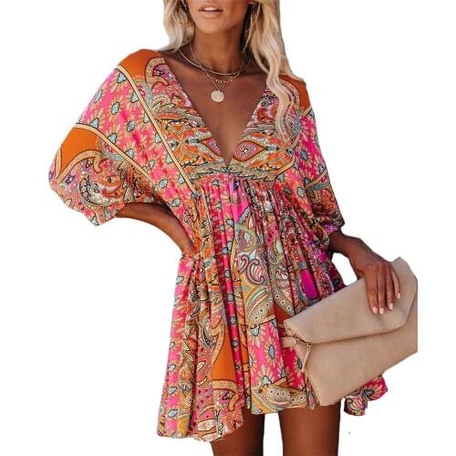 Sexy Dress Deep V-Neck Backless Mini Dresses Women Vintage Pink Floral Print Short Lantern Sleeve Boho Elastic 2021Summer Dress