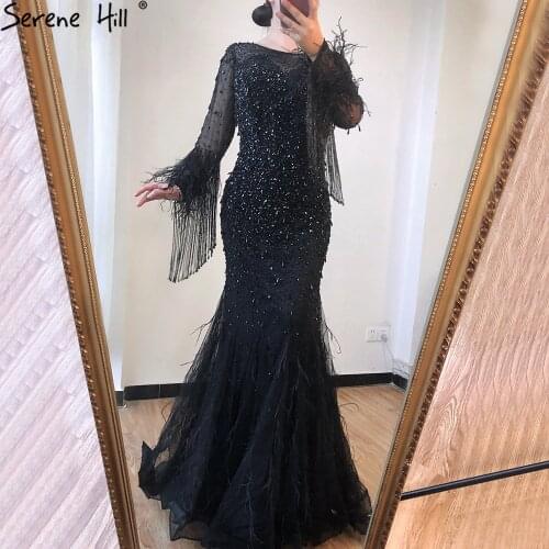 Silver Long Sleeve Dubai Design Evening Dresses O-Neck Feathers Crystal Luxury Evening Gowns 2020 Serene Hill LA60912