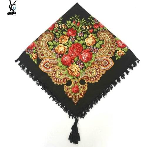 Fashion Russian Women Tassel Square Scarf Shawl Lady Printed Floral Short Tassel Headband Retro Cape Wrap Scarves 90*90cm YG584