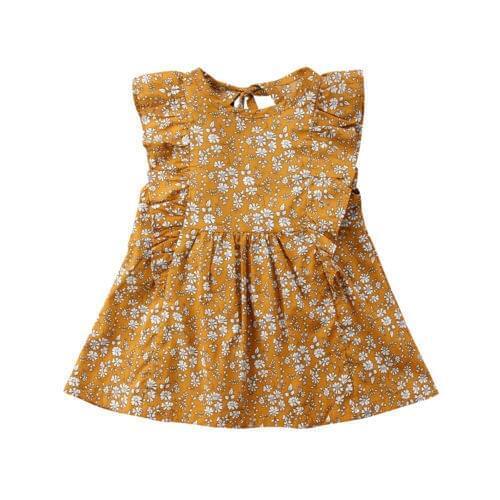 Vintage Girl Floral Ruffles Dress Toddlers Kids Princess Casual Party Tutu Ginger Yellow Summer Dress Clothes New