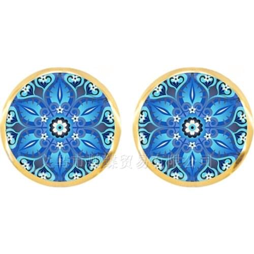 Vintage Buddhist Chakra 12mm Glass Round Cabochon Stud Earrings For Women Om Indian Yoga Mandala Flower Jewelry For Women Girls