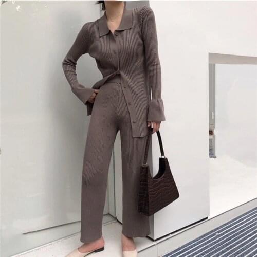 Sweater Solid Color Suits Women Matching Sets Oversize Fleece Pants Roll Collar Knitted Top Flare Sleeve 2021 Spring Autumn