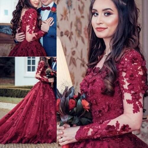 2020 Burgundy V-neck Lace Flower Beaded Long Sleeve Evening Dresses Long Women Formal Evening Gown robe de soiree