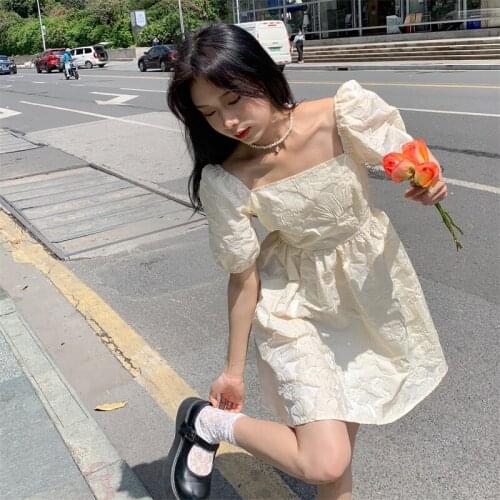 Flower Jacquard Retro Square Collar Puff Sleeve Backless Dress For Women 2021 Summer New Jurk Kleid Robe