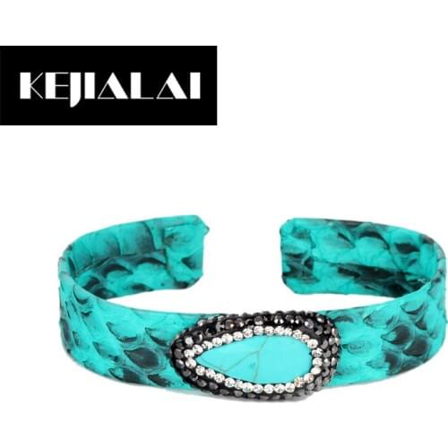 2020 Bohemian Style Fashion Women Bangles Python Leather Snakeskin Charm Adjustable Bracelet Natural Stone Paved with Rhinestone