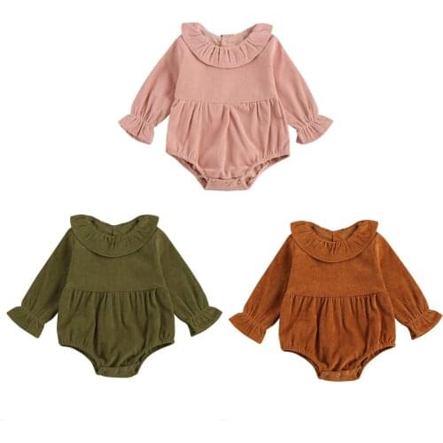 2020 New Fall Autumn 0-24M Toddler Baby Girl Ruffled Collar Back Buttons Lantern Long Sleeve Bodysuit Corduroy Cotton Outfit