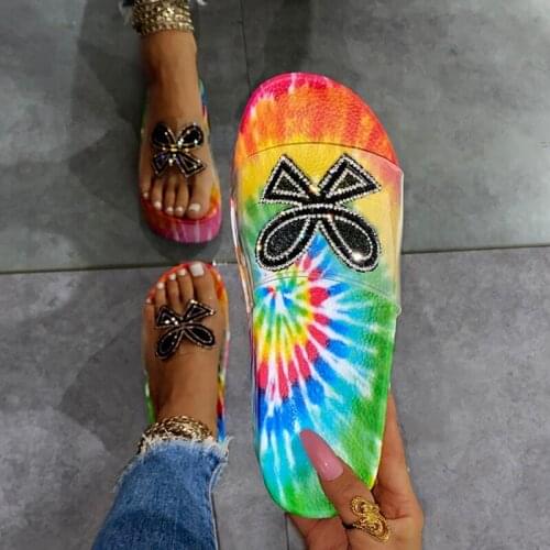 2021 Women Slippers Sandals Flat Summer Womens Shoes Open Toe Fashion Butterfly Rhinestone Roman Wind Plus Size 36-43