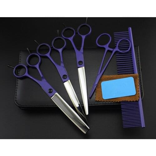 5 kit Professional Japan 7 inch violet pet dog grooming hair scissors set cutting shears thinning barber hairdressing scissors