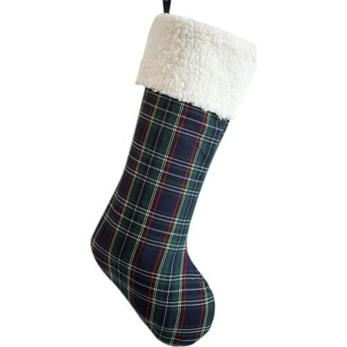 Free shipping Plaid body with sherpa cuff Christmas Stocking blue P2198-1