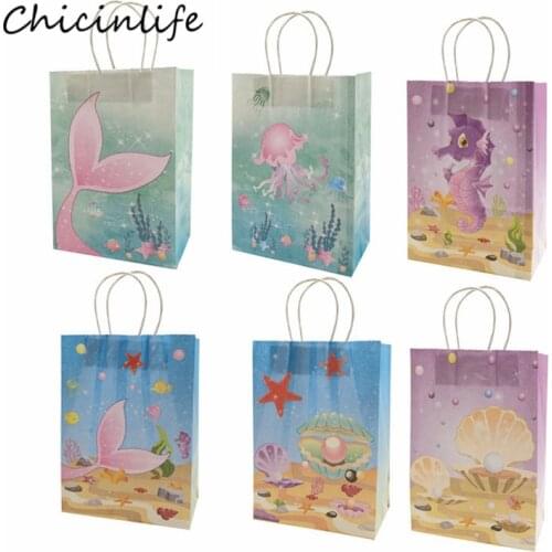5pcs Mermaid shell Paper Bags With Handle Kids Birthday Mermaid Party Supplies Starfish Gift bag Packaging Candy Bag Baby shower