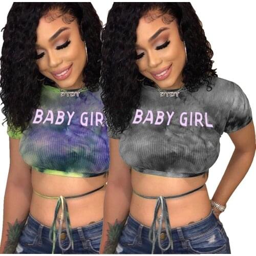 Baby Girl Letter Print Short Sleeve Round Neck Lace-Up Sexy Crop Top Tshirts Women 2021 Summer New Arrival Vest One Piece