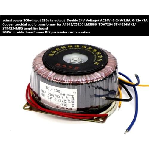 Actual power 200w input 230v to output Double 24V Voltage/ AC24V -0-24V/3.9A, 0-12v /1A Copper toroidal audio transformer