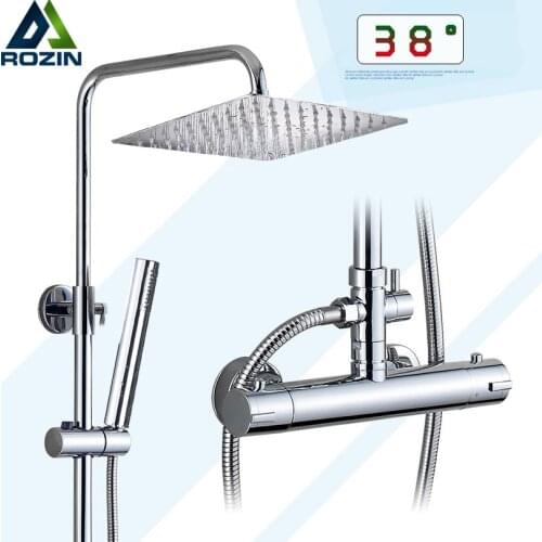 Chrome Thermostatic Bathroom Shower Faucet Set Dual Handle Rainfall 8" Stainless Steel Shower Head In Wall Shower Mixers