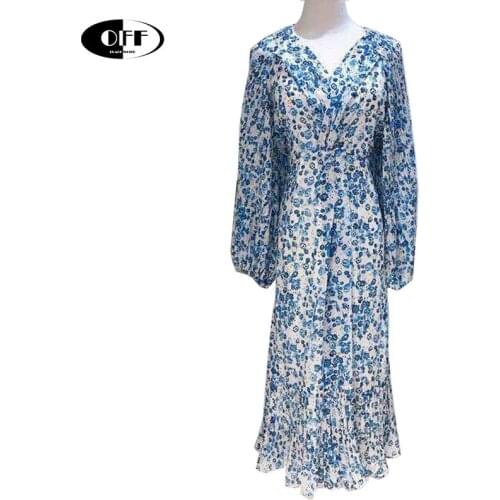 Korean Summer Midi-long Dresses Women Elegant Ruffles Lantern Long Sleeve V-neck Blue Beach Casual Holiday Dresses Vestido Femme