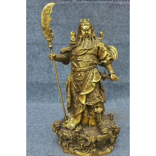 Folk Worship Chinese Brass Dragon Warrior Guan Gong Yu Warrior King God Statue