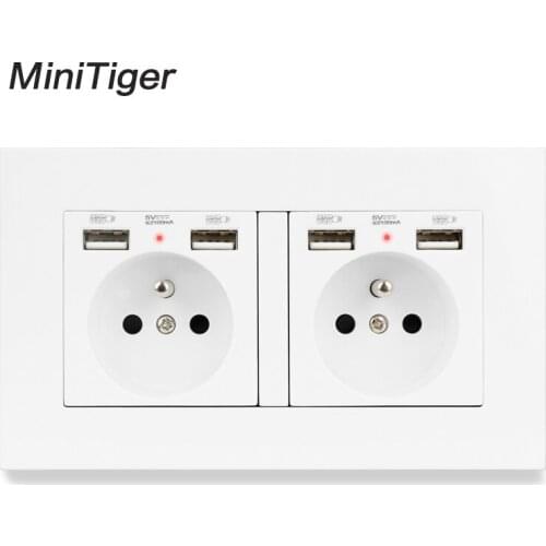 Minitiger 2 Gang French Standard Wall Socket With 4 USB Charge Port Hidden Soft LED Indicator PC Panel Black White