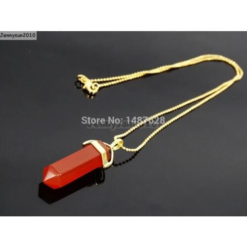 Natural Red Ag-ate Gems Stones Hexagonal Pointed Healing Reiki Chakra Pendant Beads Gold 17'' Chain Necklace 5 Sets/Pack