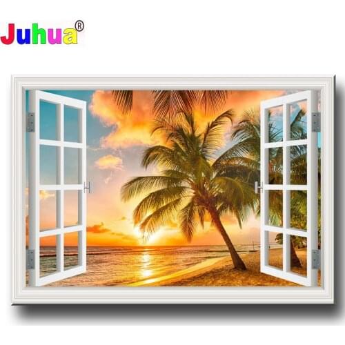Full Square Diamond Painting Window Sea Beach Cross Stitch Embroidery Needlework Set Mosaic Nature Landscape Crafts Kit Wall Art