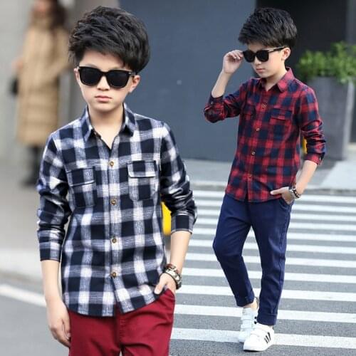 Boys Shirts Fashion Children Plaid Shirts Cotton Long Sleeve Boys Tops Shirt Teenage Kids Boys Clothes 5 6 8 10 12 14 15 Years