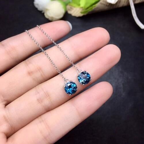 Natural blue topaz gem drop earrings 925 silver Natural gemstone Ear line earring women simple round drop earrings for party