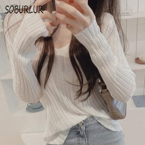 SOBURLUR Summer Knitting Kawaii White T Shirts Womens T-Shirt Harajuku Girls Lady Fashion Elegant Tunics All-match Casual Loose