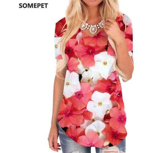 SOMEPET Flowers T-shirt women Creativity Tshirts Printed Art V-neck Tshirt Harajuku Shirt Print Womens Clothing Fashion Loose